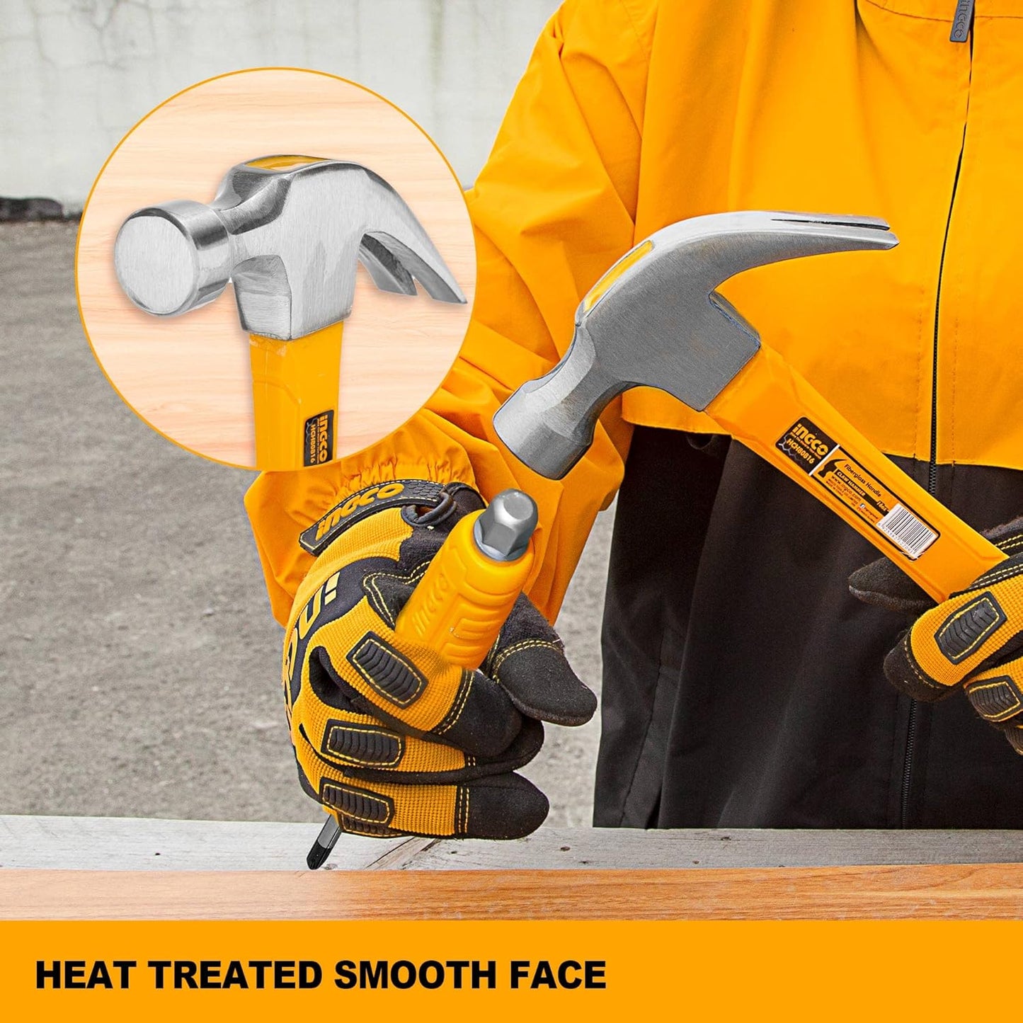INGCO Claw Hammer, Professional Claw Hammer, 8oz/220g | 45# Carbon Steel, Heat Treatment Drop-Forged Hammerhead for Pulling nails, Prying Boards, Demolition work, Splitting Wood