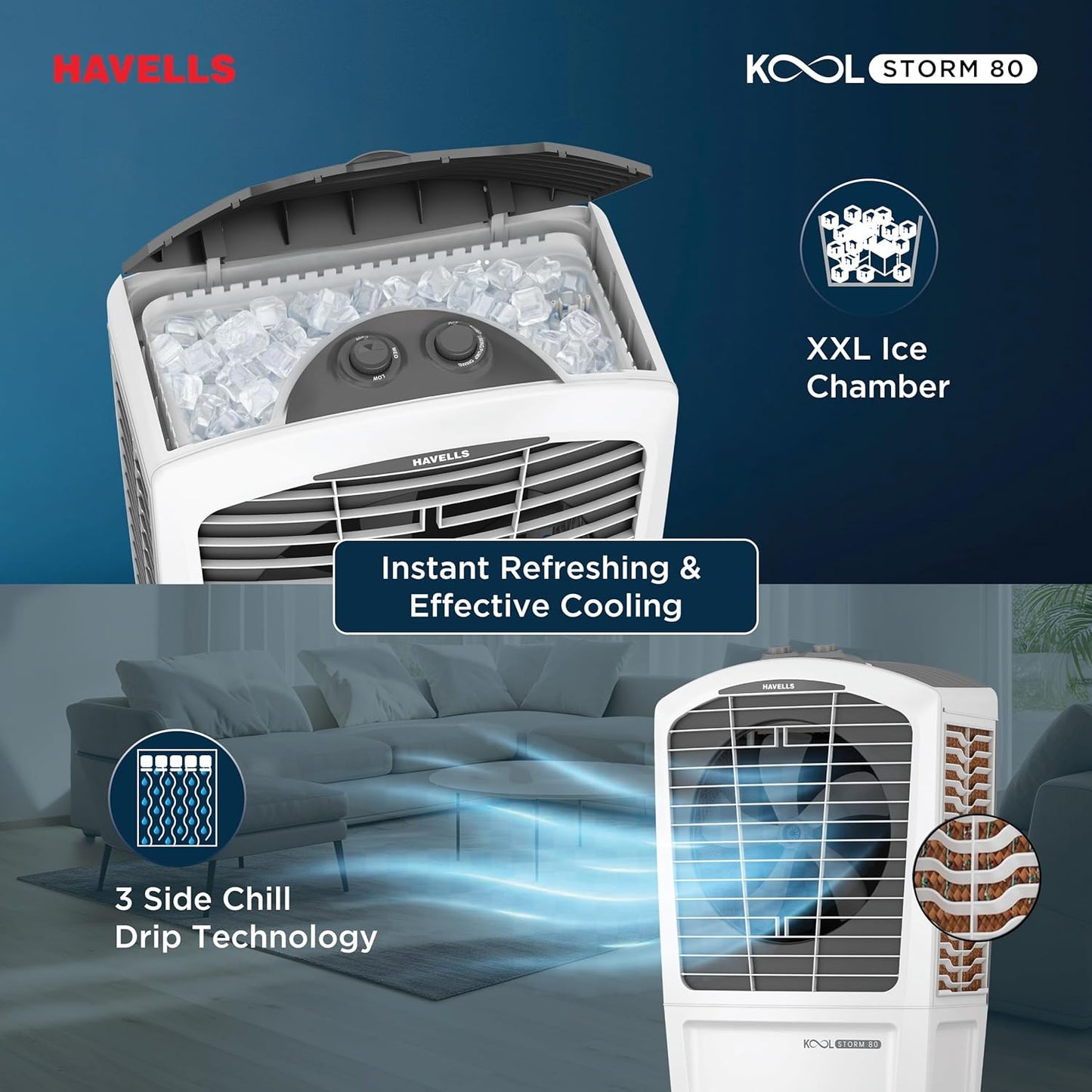 Havells KoolStorm 80 L Desert Air Cooler for Home/Office|Powerful Air-Delivery|Dual Flow Technology| Bacteria Shield Honeycomb Pads|XXL Ice Chamber| Ice Chill Drip Technology|Front Wheels with brakes