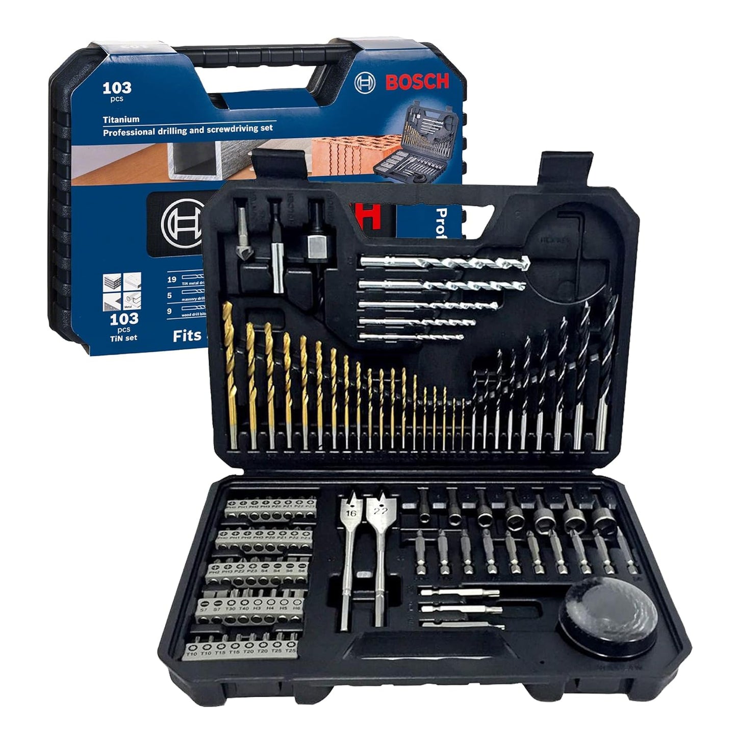 BOSCH 2608594070 Professional 103-Pcs Accessory Set | Versatile Drilling & Screwdriving Kit | Titanium-Coated Metal Drill Bits | Precision Hole Saws for Clean Cutouts | Durable & Organized Carry Case