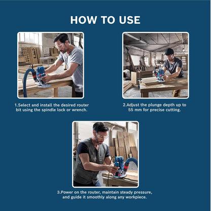 Bosch GOF 130 Corded Electric Router, 1,300W, 8 mm Bit, 28,000 rpm, 40 mm, Variable Speed, Restart Protection, Constant Speed, 3.5 kg + 8 Bosch Accessories, 1 Year Warranty