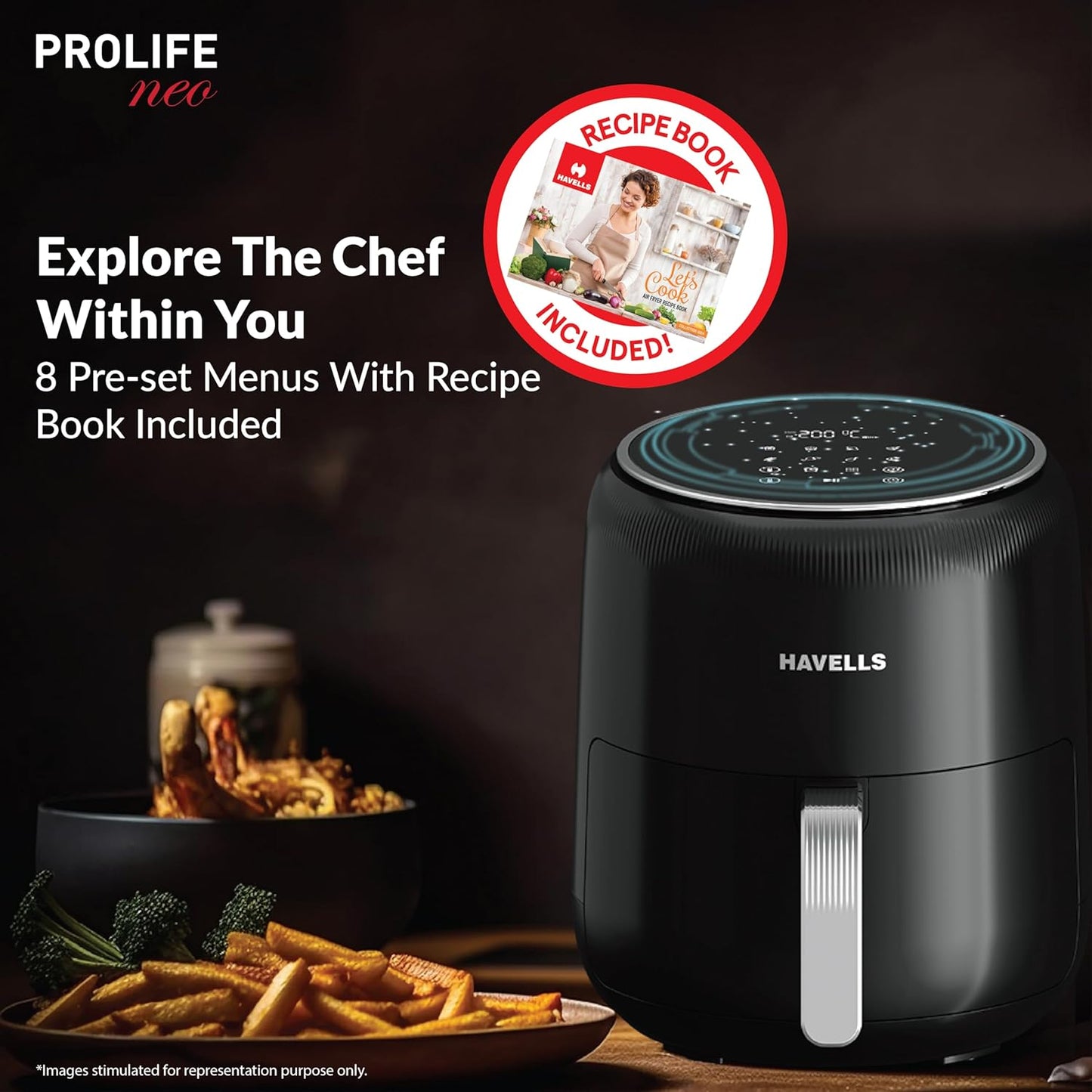 Havells Prolife Neo Air Fryer1500W| 4.5 L | Digital Air Fryer| 8 Pre-Sets| Aerocrisp Technology| 85% Less Oil Use| 60-Min Timer| 2Yr Door Step Warranty by Havells | Air-Fryer for Home Kitchen