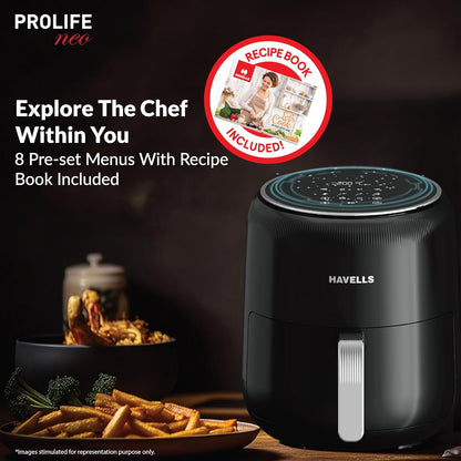 Havells Prolife Neo Air Fryer1500W| 4.5 L | Digital Air Fryer| 8 Pre-Sets| Aerocrisp Technology| 85% Less Oil Use| 60-Min Timer| 2Yr Door Step Warranty by Havells | Air-Fryer for Home Kitchen
