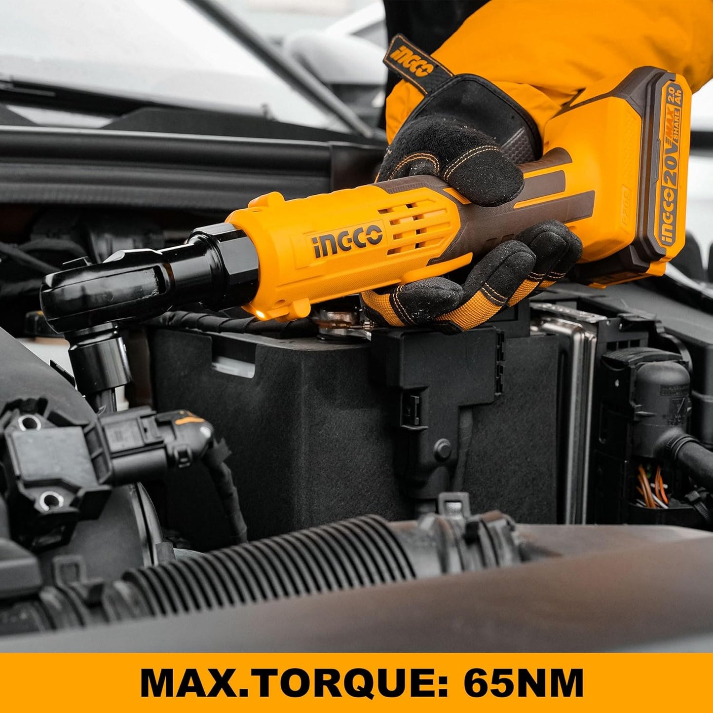 Ingco Cordless Drive Ratchet Wrench, 3/8", 65 Nm, With Battery & Charger, With Sockets, for Car Vehicle Use