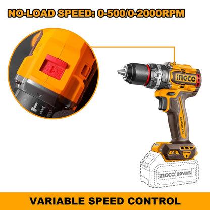 INGCO Cordless Impact Drill 96NM, 20V Brushless Combi Drill, 13mm Chuck, 22+1+1 Torque, 2 Speed, LED Work Light with 2Pcs 4.0Ah Battery And 1Pcs Charger Perfect for Home, Garden DIY Project