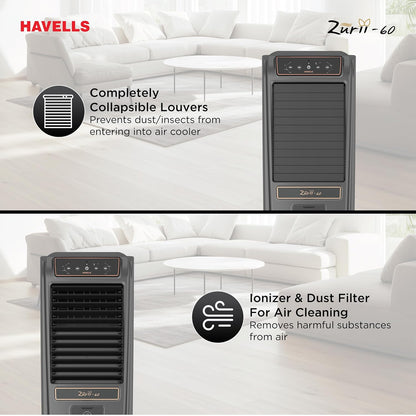 Havells Zurii 60 L Tower Air Cooler for Room|With Remote & Electronic Panel|Fully Collapsible louvers|Low Water Alarm|Dust Filter Net|Timer Function|Bacteria Shield Honeycomb Pads|Dry Run Protection