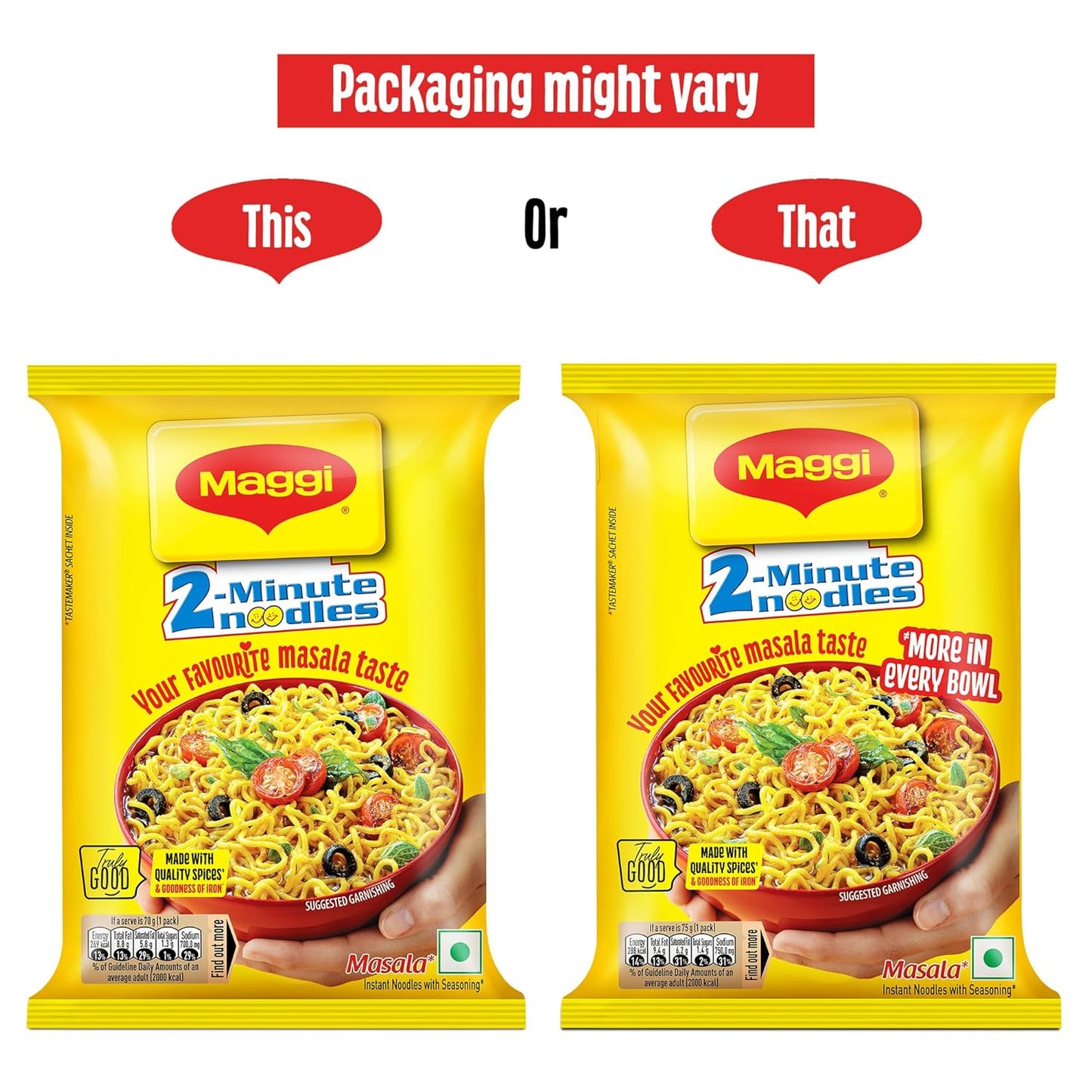 MAGGI 2-Minute Instant Noodles, Favourite Masala Taste, Masala Noodles With Goodness Of Iron, Made With Choicest Quality Spices, 70g/72g/75g Pouch (weight may vary)