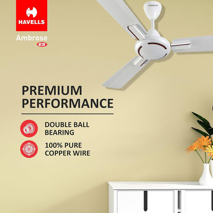 Havells 1200mm Ambrose Energy Saving High Speed Ceiling Fan|Premium Finish, Deco.Fan, Elegant Looks, High Air Delivery, 100% Pure Copper Motor|2 Yr Warranty by Brand | (Pack of 1, Pearl White Wood)