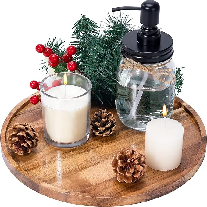 Udaipur Handicrafts Decorative Round Acacia Wood Tray - Perfect Small Candle Tray for Kitchen, Dining Room, Coffee Table & Home Decor