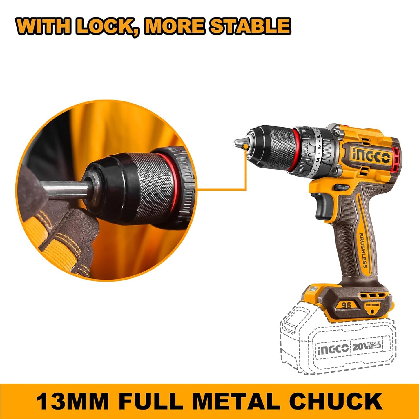 INGCO Cordless Impact Drill 96NM, 20V Brushless Combi Drill, 13mm Chuck, 22+1+1 Torque, 2 Speed, LED Work Light with 2Pcs 4.0Ah Battery And 1Pcs Charger Perfect for Home, Garden DIY Project