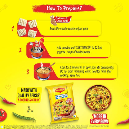 MAGGI 2-Minute Instant Noodles, Favourite Masala Taste, Masala Noodles With Goodness Of Iron, Made With Choicest Quality Spices, 840/900g Pouch (Pack of 12, 70/75g each) (weight may vary)
