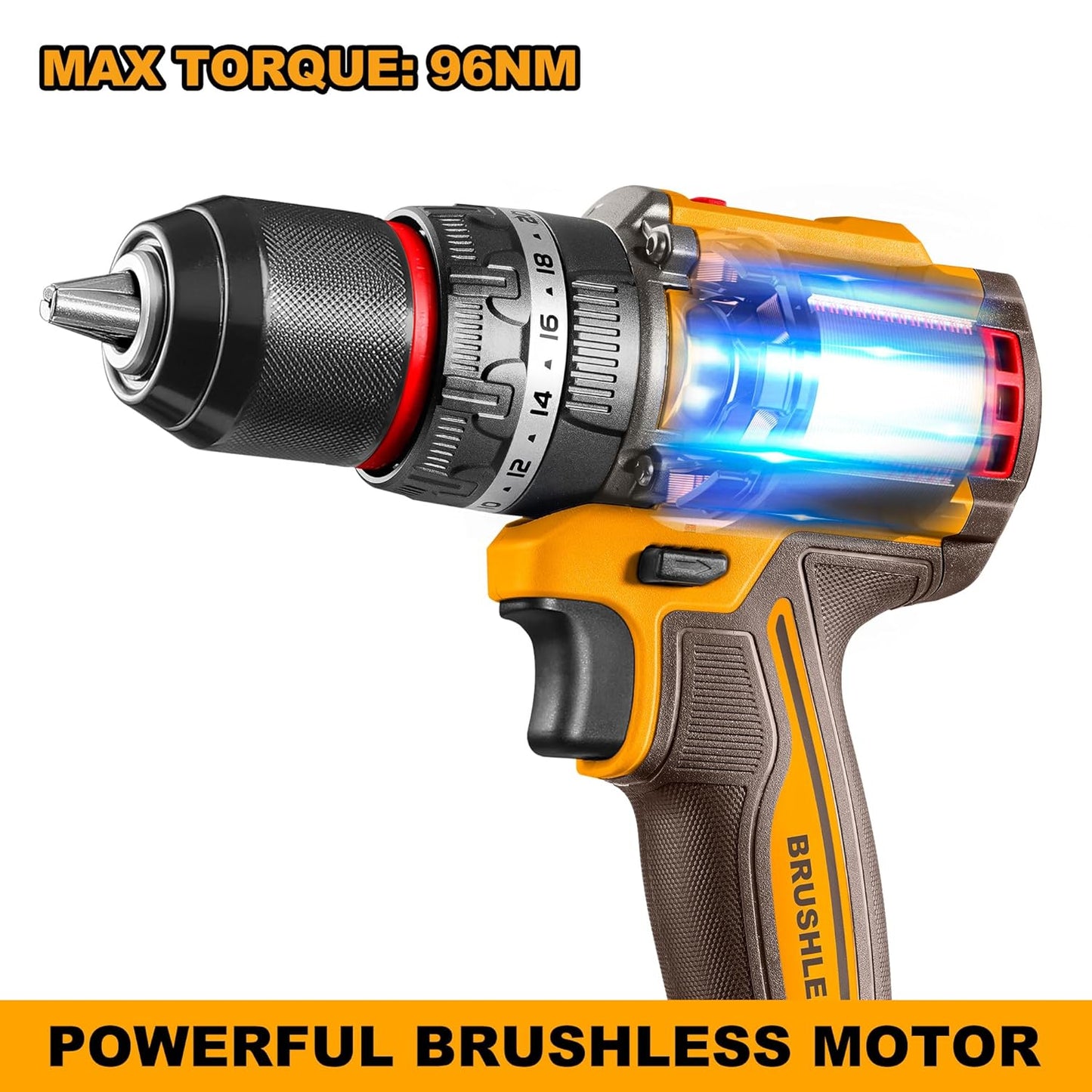 INGCO Cordless Impact Drill 96NM, 20V Brushless Combi Drill, 13mm Chuck, 22+1+1 Torque, 2 Speed, LED Work Light with 2Pcs 4.0Ah Battery And 1Pcs Charger Perfect for Home, Garden DIY Project