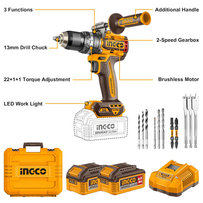 INGCO 20V Cordless Brushless Impact Drill 96NM, Variable Speed 500/2000RPM, 13mm Chuck, 22+1+1 Torque, Auxiliary Handle, with 2Pcs 4.0Ah Battery and 1Pcs Charger, Packed by Carrying Case CIDLI209686