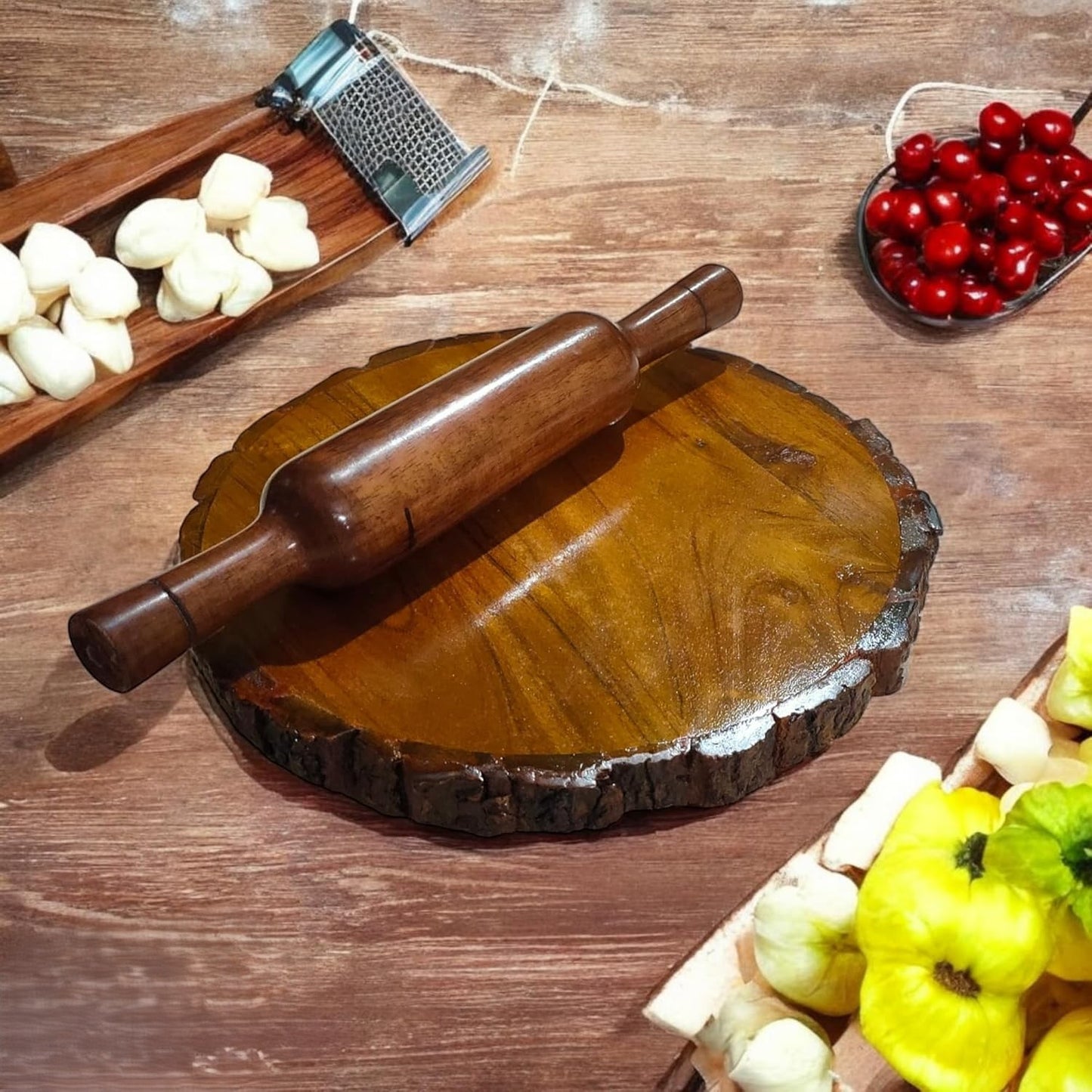 Udaipur Handicrafts Sheesham Wood Chakla Belan Set | Rustic Roti Rolling Board with Natural Bark Edge & Solid Rolling Pin | Made in India | No Chemical Polish 10.5 Inch (Brown)