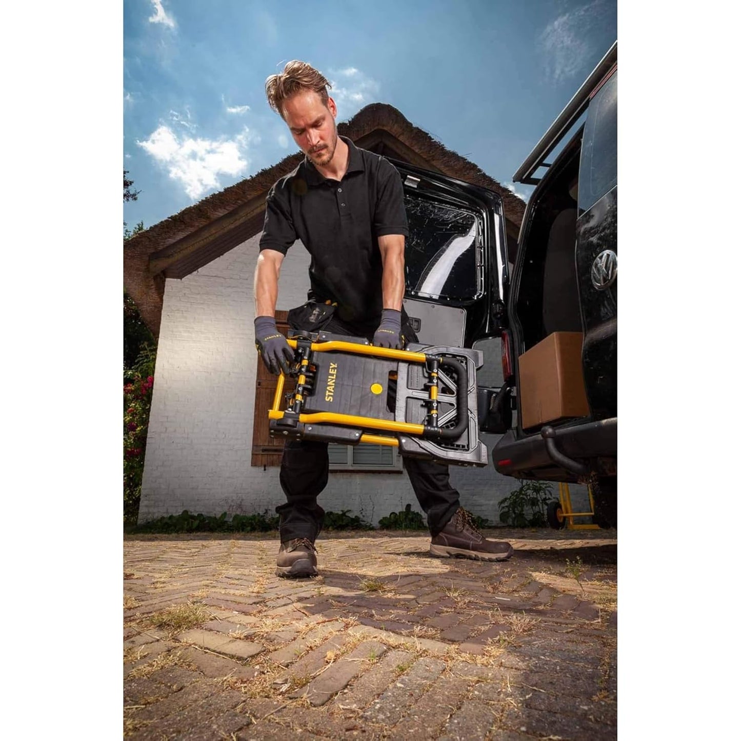 STANLEY SXWT-FT584-SP Folding Handtruck, 30/60kg Load Capacity, Adjustable TPR Grip Handle, Comes with a Bungee Cord, 2" Stair Climber Wheels, Open Dimn: 41x41x102 cm,Folded Dimn: 39x67x72.5 cm