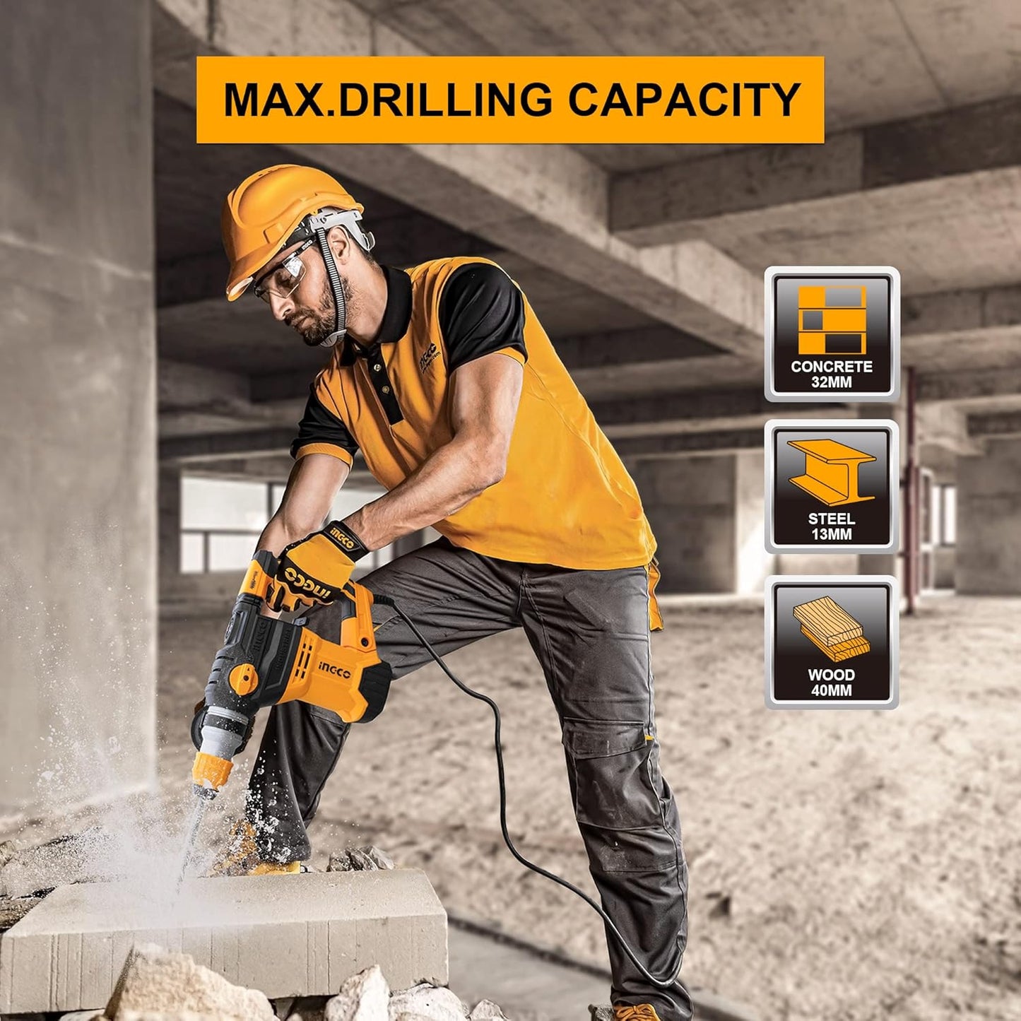 INGCO Rotary Hammer, SDS-Plus Heavy Duty Rotary Hammer Drill | 220 Volts | 1500W | 4400bpm | 5.5J with Vibration Control and Safety Clutch Including 3 drills and 2 chisels with Case, Yellow