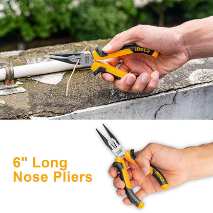 INGCO Plier Set, 3 pcs, Include 8" Combination Pliers, 6" Nose Plier, 6" Diagonal Cutting Plier, Cr-V, Black Finish and Polish, INGCO Tools Design Handle