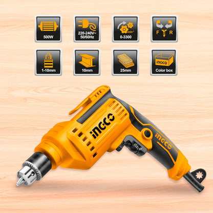 INGCO Electric Drill, 500W and 3300RMP Power Drill, Corded Electric Drill, 1.0-10 millimeters Chuck Capacity Power Drill, Variable Speed, Froward/Reverse Switch, Yellow