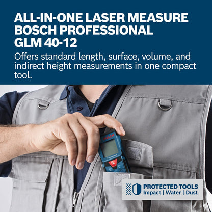 BOSCH GLM 40-12 Laser Measure | Precise Length, Area & Volume | Easy-to-Read Display | IP54 Durable | Memory Function for Fast Measurements|Compact & Pro-Grade Tool|1Yr Warranty|Batteries Not Included