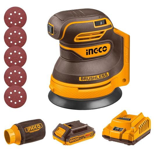 INGCO 20V Cordless Random Orbit Sander 125mm, Brushless Motor, 6 Variable Speeds, Electric Sander Ideal for Sanding, Polishing Wood, Home Improvements CROSLI20021