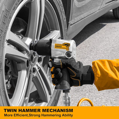 Ingco Air Impact Wrench, 7000 Rpm | 610Nm | 2 Hammer Mechanism, Pneumatic Impact Wrench Tool Kit With 3 Pcs Socket, 5 Type Connector - Box End