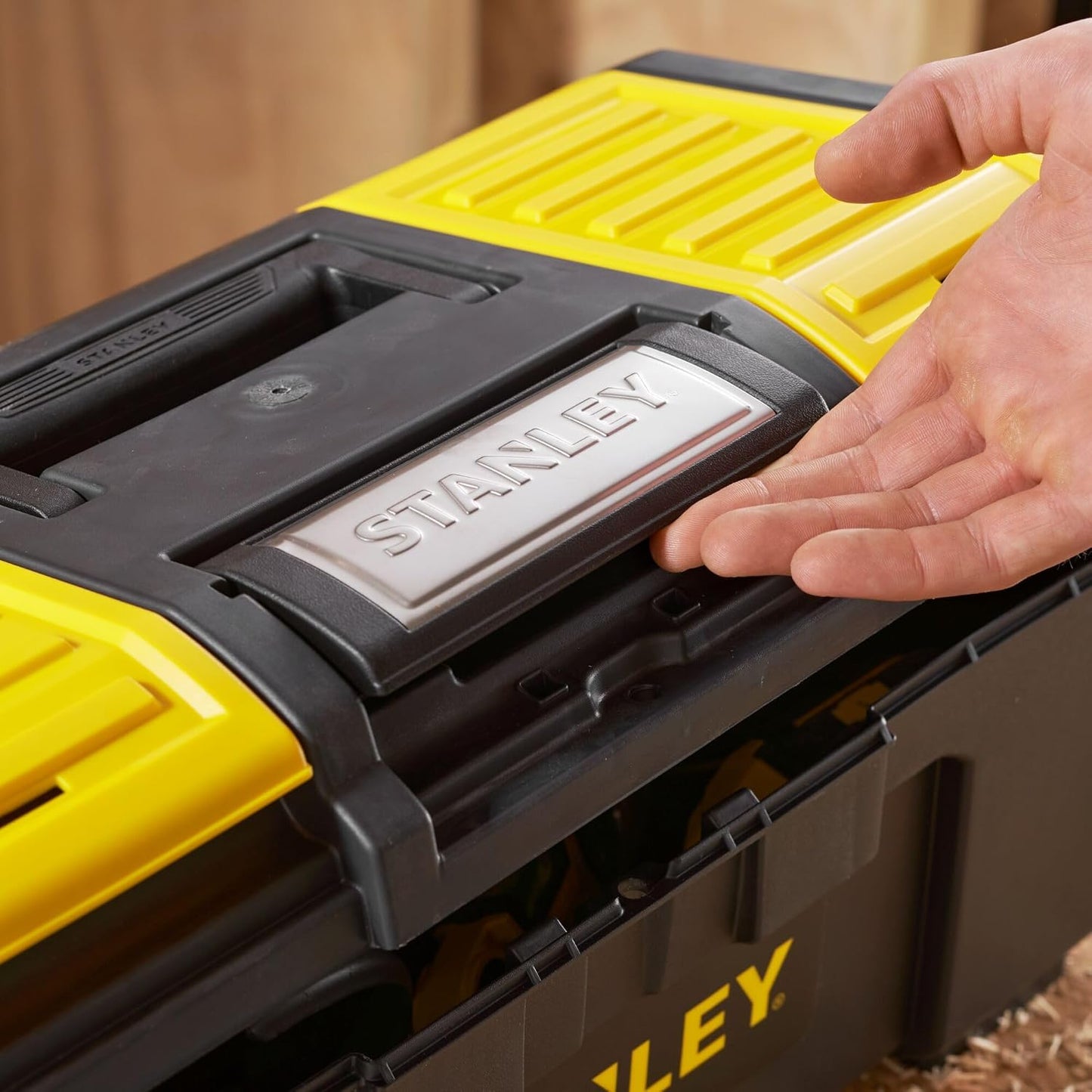 STANLEY 1-79-217 19" One-Touch Heavy-Duty Portable Plastic Tool Box With Removable Tray for Easy & Convenient Storage, 25 Kg Load Capacity, 1 Year Warranty, YELLOW & BLACK, 26.6x48.6x23.6 cm