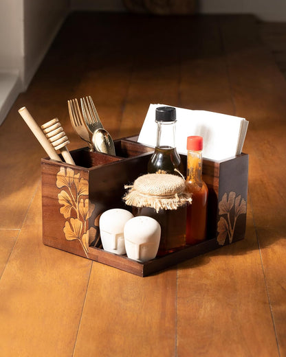 Udaipur Handicrafts  Wooden Cutlery Holder & Napkin, Fork Stand for Fork, Knife & Chopstick, Utensil Organizer for Kitchen & Dining Table, Handcrafted Tableware Storage Box for Spoons