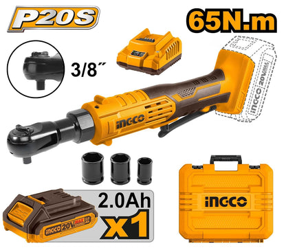 Ingco CDRLI2060152 20V Cordless Drive Ratchet with 65Nm Torque, 3/8" Square Drive, 250RPM | with 3 Sockets (13/17/19mm), 2.0Ah Battery & Charger in Carrying Case