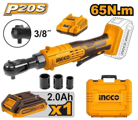 Ingco CDRLI2060152 20V Cordless Drive Ratchet with 65Nm Torque, 3/8" Square Drive, 250RPM | with 3 Sockets (13/17/19mm), 2.0Ah Battery & Charger in Carrying Case