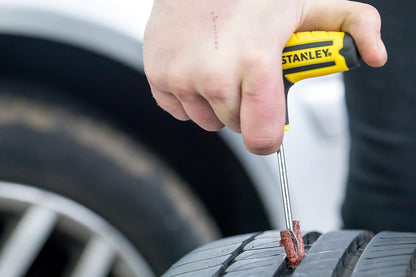 STANLEY STHT80891-0 Flat Tubeless Tyre Repair Kit for Cars and Bikes, Easily Fix Punctures WITHOUT Removing Tire from Rim, Comes with Reamer & Plugger Tool and 5 Plugs, Yellow and Black