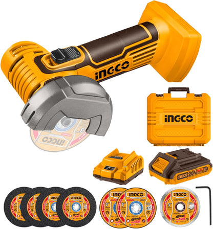 INGCO 20V Cordless Mini Angle Grinder 19500RPM, 76mm Disc Diameter, Mini Cutter Cut-Off Tool M6 with 1Pcs 2.0Ah Battery and Charger for Cutting Polishing and Sharpening CAGLI76012