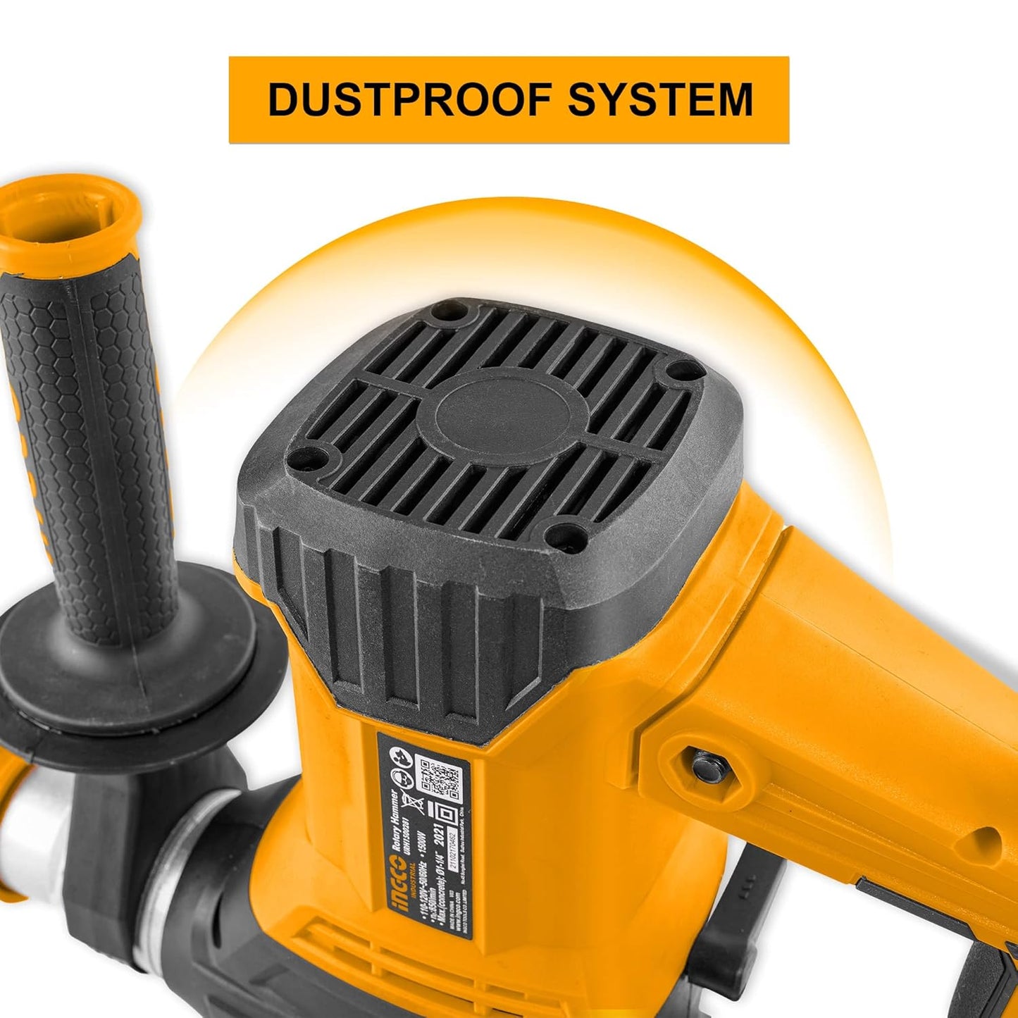 INGCO Rotary Hammer, SDS-Plus Heavy Duty Rotary Hammer Drill | 220 Volts | 1500W | 4400bpm | 5.5J with Vibration Control and Safety Clutch Including 3 drills and 2 chisels with Case, Yellow