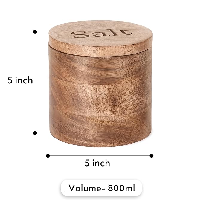 Udaipur Handicrafts Wooden Salt Container with Spoon, Salt Jar for Kitchen, Airtight Box (5 inch x 5 inch)