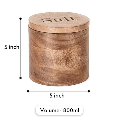Udaipur Handicrafts Wooden Salt Container with Spoon, Salt Jar for Kitchen, Airtight Box (5 inch x 5 inch)