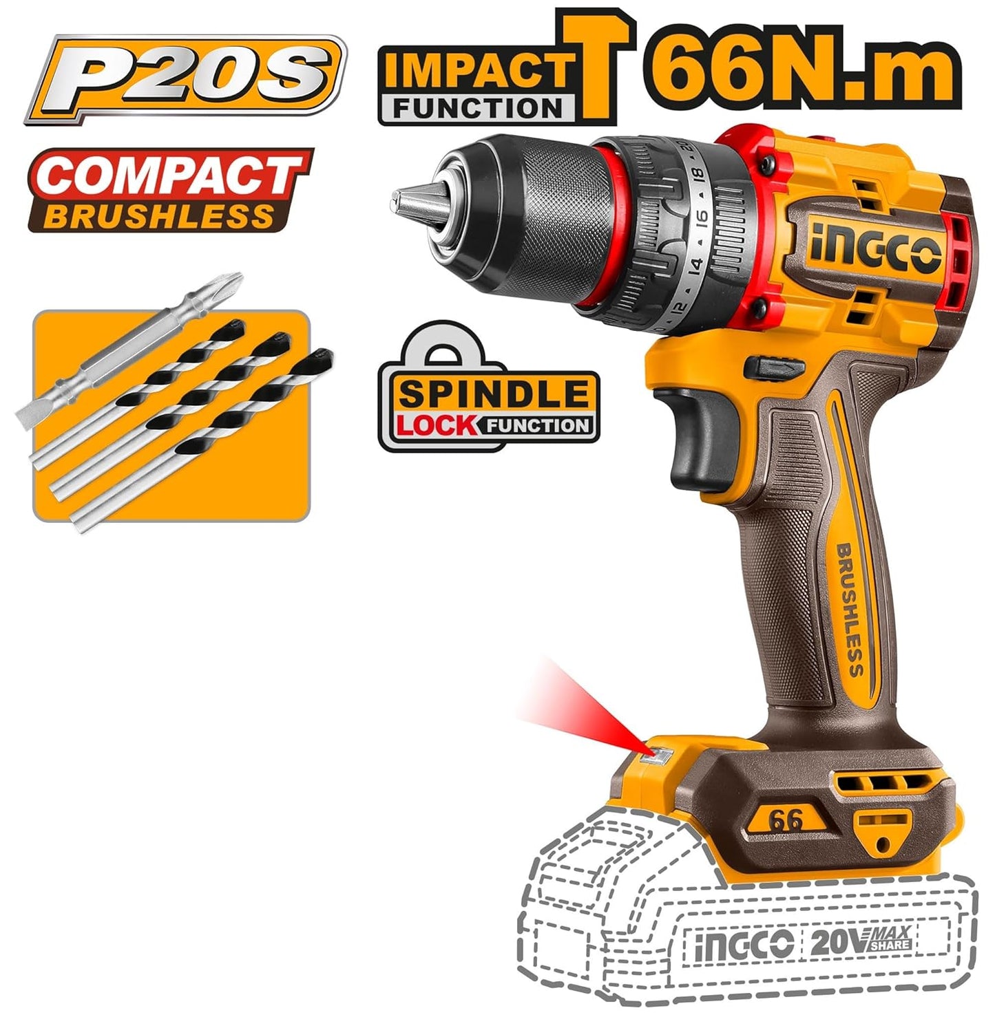 INGCO Compact Brushless Cordless Impact Drill, Cordless Drywall Screwdriver, Cordless Rotary Hammer COSLI250591