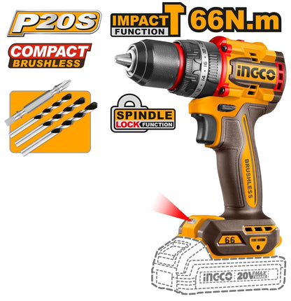 INGCO Compact Brushless Cordless Impact Drill, Cordless Drywall Screwdriver, Cordless Rotary Hammer COSLI250591