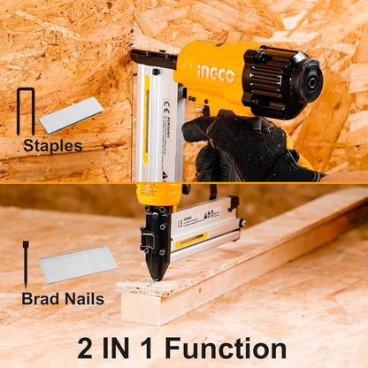 INGCO 2 In 1 Combo Brad Nailer, Nail Gun, Ga18 | 100pcs Capticaty | 4 Type Connector | 0.4-0.7Mpa with 1000pcs Brad Nails & 200pcs Staples, for Wood, Upholstery, Carpet, Wire Fencing