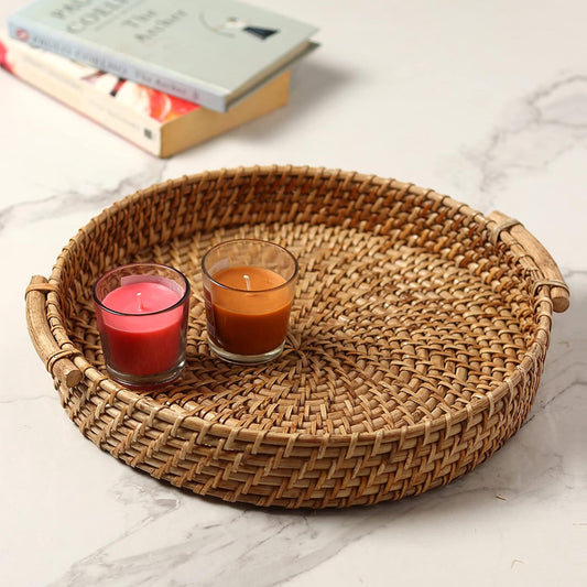 UdrCrafts®  All the Cultures Fabricating India Bamboo Cane Serving Tray | Serveware for Dining Table | Rattan Tea Tray | Wooden Trays for Decoration - Round, Brown (Dia-31 x H8 cm)