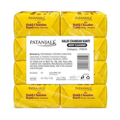 Patanjali Haldi Chandan Kanti Body Cleanser Soap for Men and Women(150g, Pack of 8), Nourishing & Moisturizing, Natural Aloe Vera Soap for Soft Skin