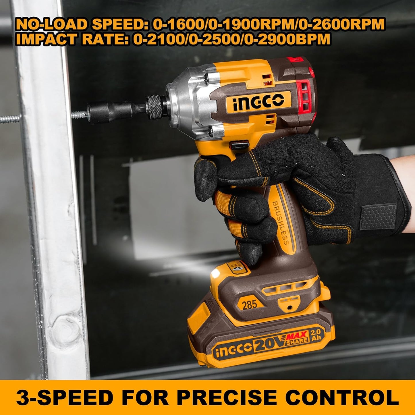 Ingco 20V Brushless Cordless Impact Drill & Driver Combo Kit - 66Nm Drill & 285Nm Driver -with 2 Batteries, 47-Piece Accessories, Screwdriver Bits, Nut Setters & Carrying Case, Yellow