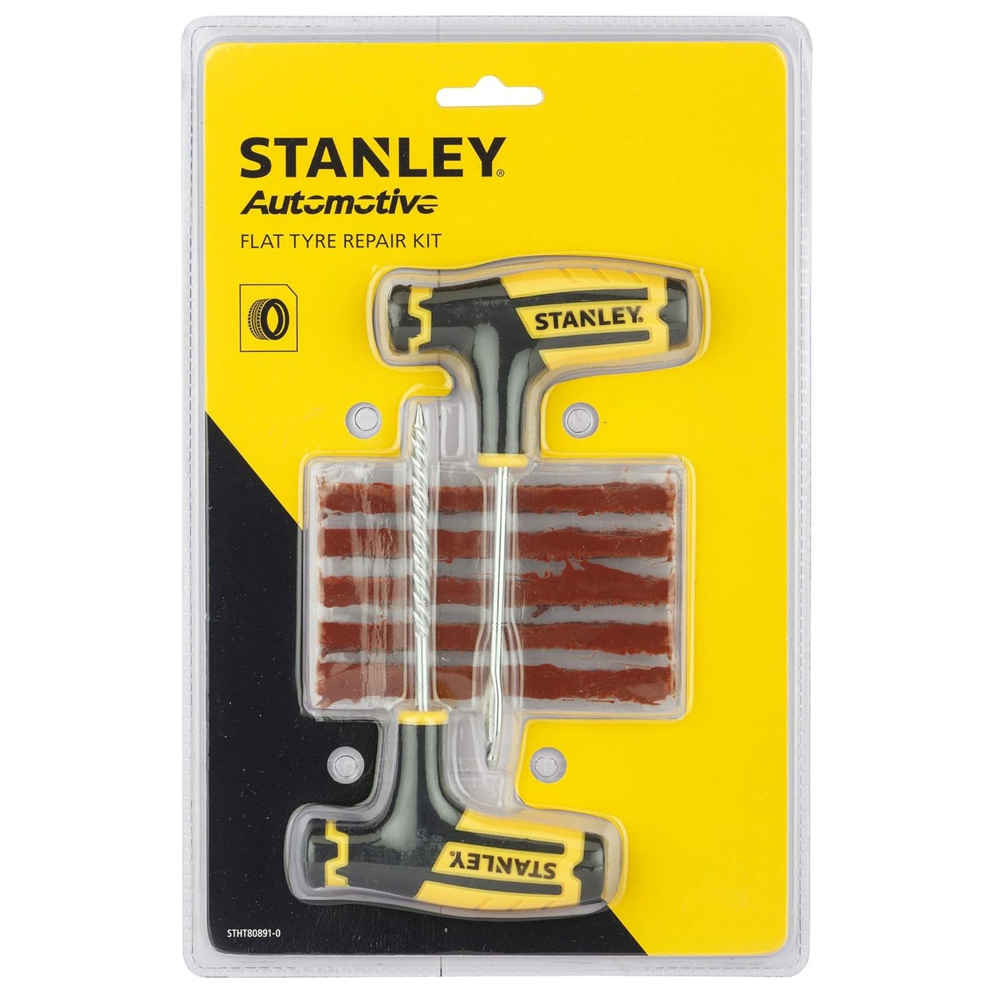 STANLEY STHT80891-0 Flat Tubeless Tyre Repair Kit for Cars and Bikes, Easily Fix Punctures WITHOUT Removing Tire from Rim, Comes with Reamer & Plugger Tool and 5 Plugs, Yellow and Black