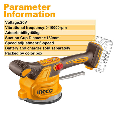 INGCO CTVLI2001 20V Cordless Tile Vibration Machine | 0-10000 RPM, 60kg Suction, 130mm Suction Cup