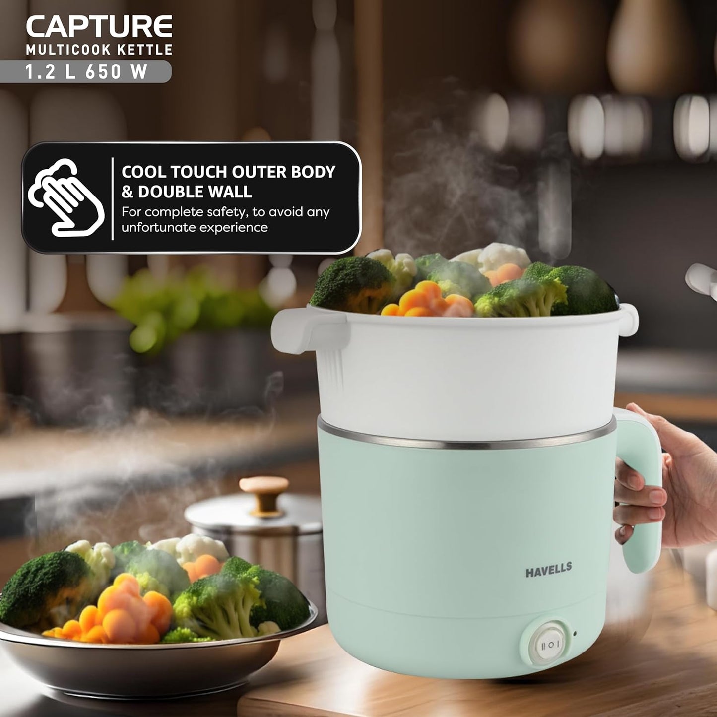 Havells Capture 1.2 L Multi-Cook Electric Kettle with Steamer | 650W |304 Stainless Steel Inner Body|Cooks Noodles, Rice, Milk | Cool-Touch Body | 2 Years Door Step Warranty by Havells (Green)