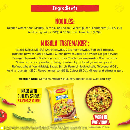 MAGGI 2-Minute Instant Noodles, Favourite Masala Taste, Masala Noodles With Goodness Of Iron, Made With Choicest Quality Spices, 840/900g Pouch (Pack of 12, 70/75g each) (weight may vary)