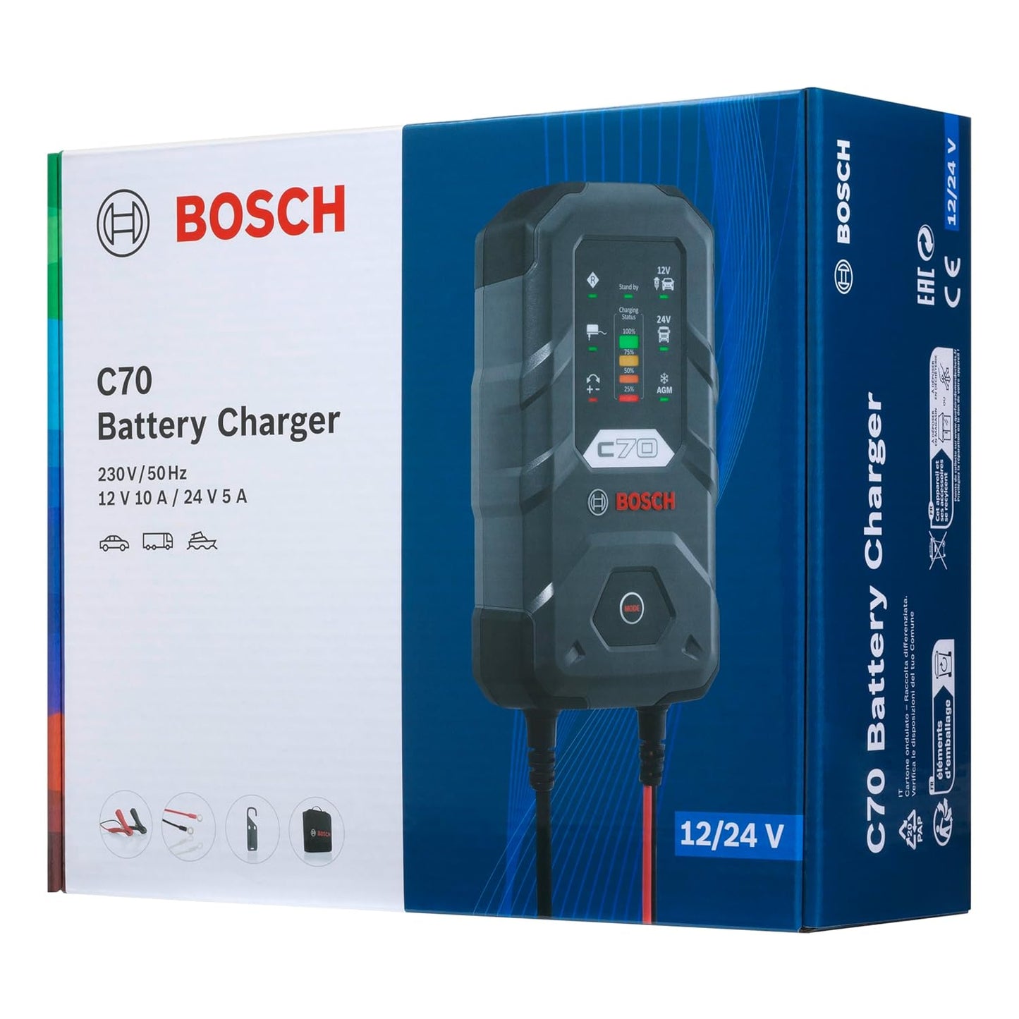 Bosch C70-B Battery Charger, 6 Amps with Trickle Function - for 12V/24V, 2 Ah to 230 Ah, Lead-Acid, EFB, Gel, AGM and SLI Batteries | Bikes, Cars & Commercial Vehicles