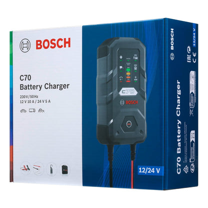 Bosch C70-B Battery Charger, 6 Amps with Trickle Function - for 12V/24V, 2 Ah to 230 Ah, Lead-Acid, EFB, Gel, AGM and SLI Batteries | Bikes, Cars & Commercial Vehicles