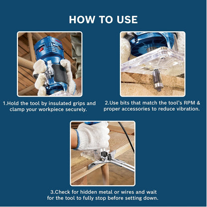 Bosch GKF 550 Electric Hand / Palm Router, 550W, 33,000 rpm, 6 (1/4") mm Bit, Variable Speed, Soft Grip,1.4kg + Parallel, Roller & Template Guide, 17 mm & 10 mm Spanner, Straight Bit, 1 Year Warranty