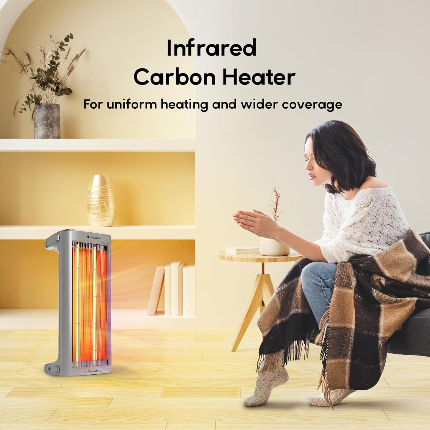 Havells Comodito 900 Watt Room Heater | Safety Grill, 120 Minute Sleep Timer Control knob | Rust Free Stainless Steal Reflector, Carbon Fiber Rods, Power Off & Heat Setting | (Pack of 1, Grey)