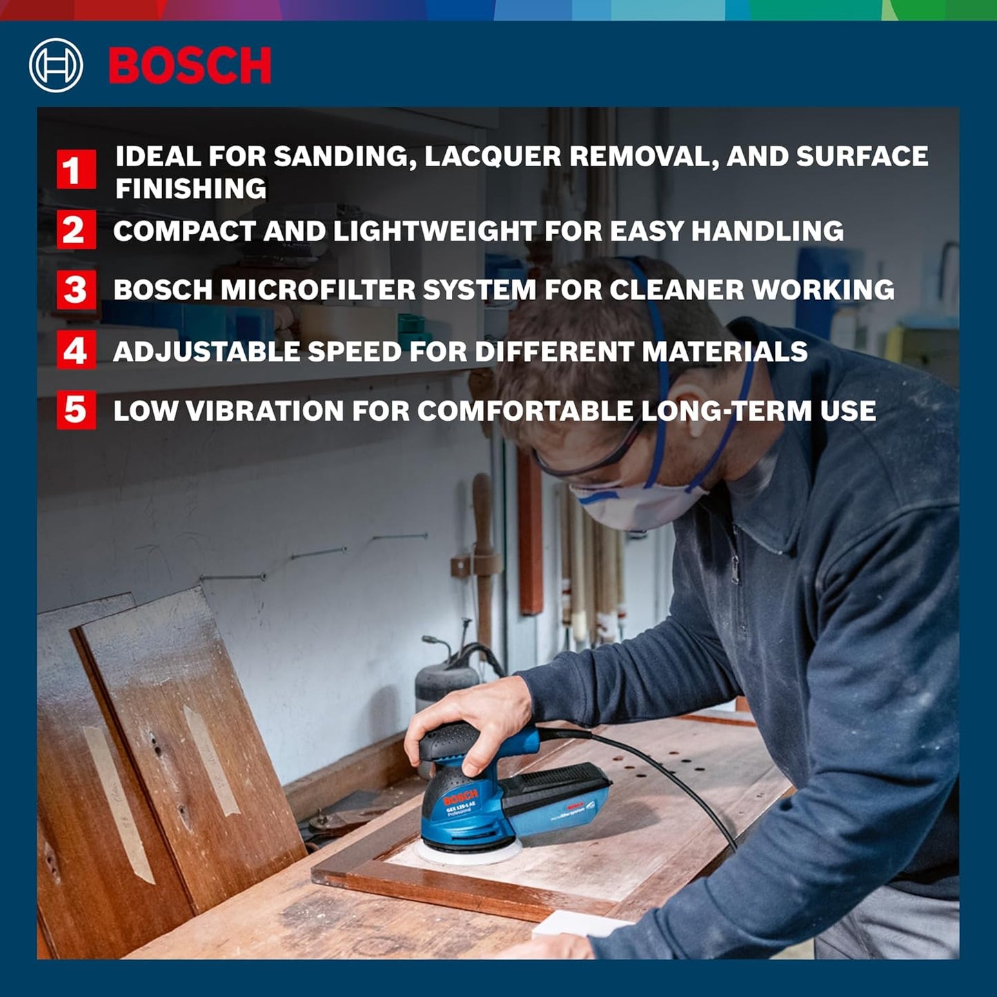 Bosch GEX 125-1 AE Heavy Duty Electric Random Orbit Sander, 250W, 12,000 rpm, 24,000 opm, 125 mm Pad Dia., Hook-and-Loop Fastening,1.3 kg + Microfilter box & Bosch Sanding Disc, 1 Year Warranty