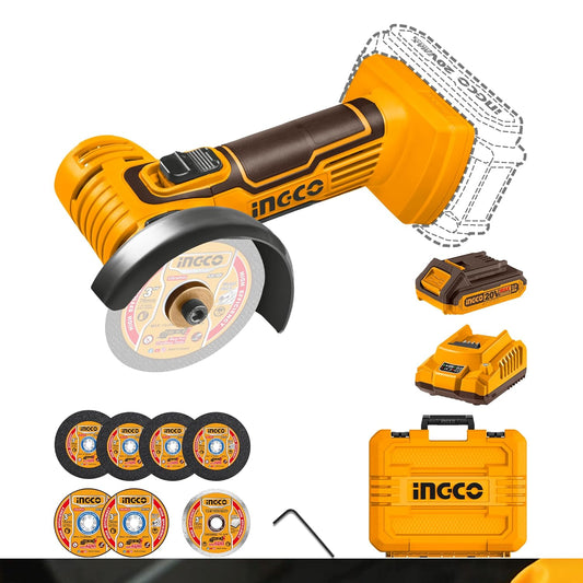 INGCO Cordless Mini Angle Grinder, 19500 RPM, 3 Inch Disc Diameter, M6, With Battery & Charger & 6 pcs Discs
