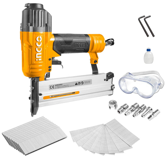 INGCO 2 In 1 Combo Brad Nailer, Nail Gun, Ga18 | 100pcs Capticaty | 4 Type Connector | 0.4-0.7Mpa with 1000pcs Brad Nails & 200pcs Staples, for Wood, Upholstery, Carpet, Wire Fencing